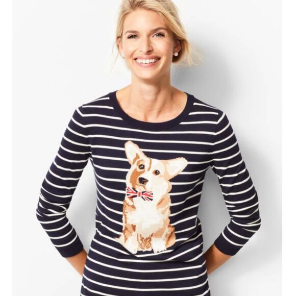 Talbots Smart Striped Corgi Sweater, Navy + White, Back Buttons, British, Sz M - Picture 1 of 9